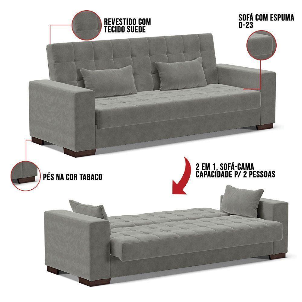Sofá Cama 02 Lugares Lisboa Suede Pés De Madeira Cor Grafite - 2