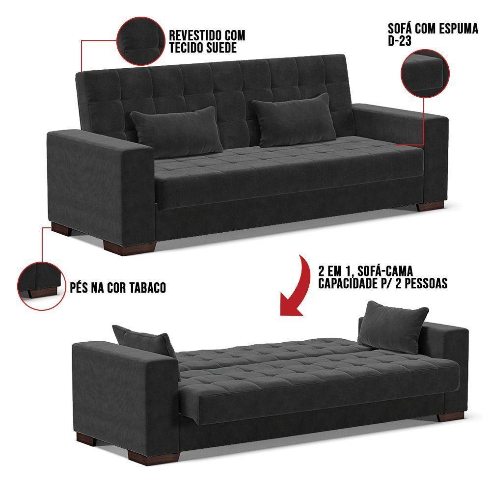 Sofá Cama 02 Lugares Lisboa Suede Pés De Madeira Cor Preto - 2
