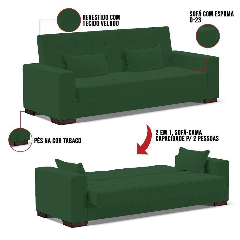 Sofá Cama 02 Lugares Lisboa Veludo - D'Rossi Cor Verde - 2