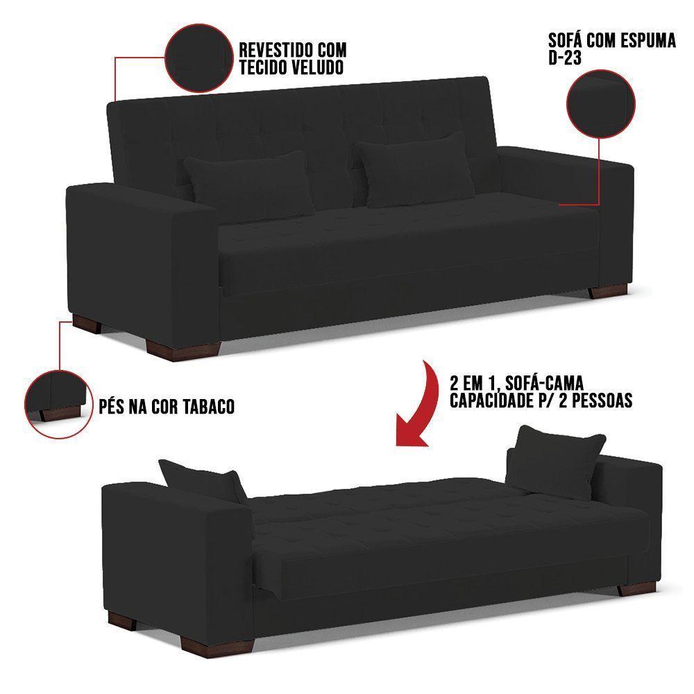 Sofá Cama 02 Lugares Lisboa Veludo - D'Rossi Cor Preto - 2