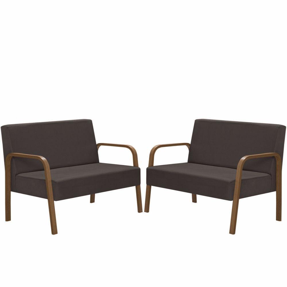 Kit 2 Poltrona 2 Lugares Jade Braço Madeira Marrom - 1