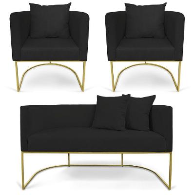 Kit 01 Namoradeira 02 Lugares E 02 Poltronas Paola Linho A79 Preto Base Metálica Dourado