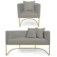 Kit 01 Namoradeira 02 Lugares E 01 Poltrona Paola Linho Base Metálica Dourado Cor A26 Grafite - 1