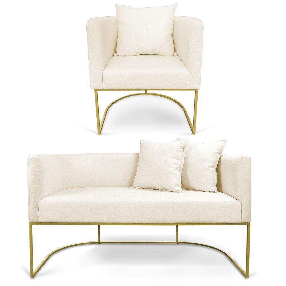 Kit 01 Namoradeira 02 Lugares E 01 Poltrona Paola Linho Grosso Bege A19 Base Metálica Dourado - 1