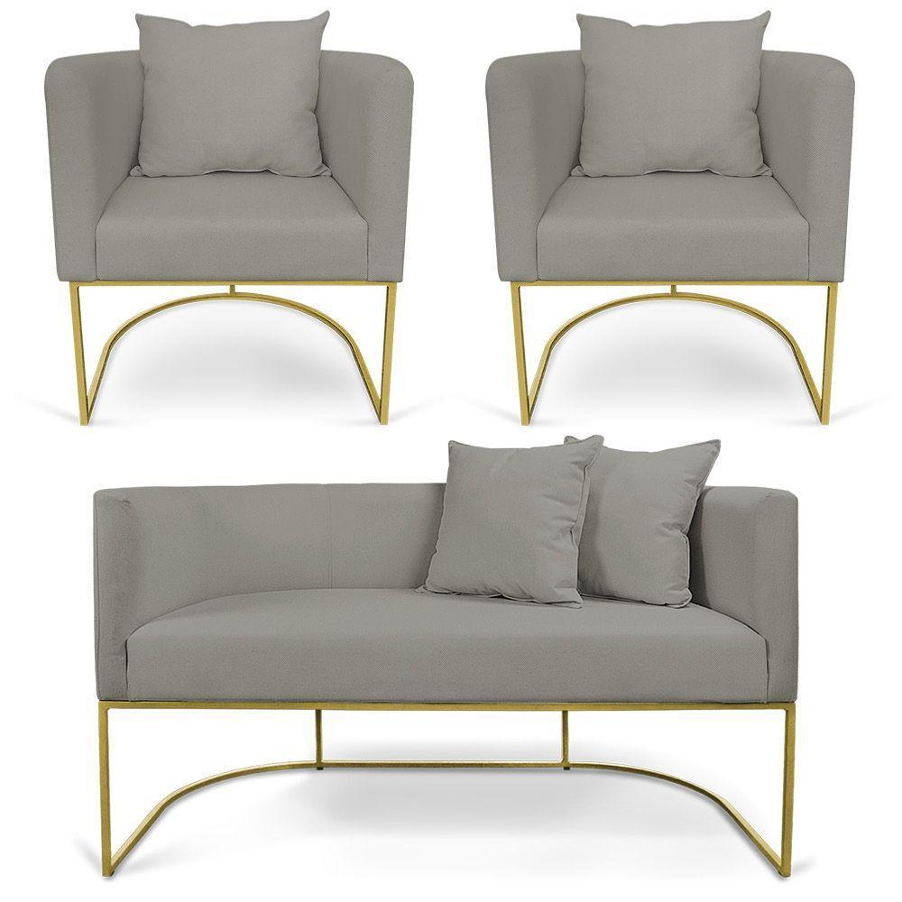 Kit 01 Namoradeira 02 Lugares E 02 Poltronas Paola Linho Base Metálica Dourado Cor A26 Grafite - 1