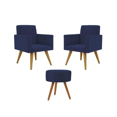 Kit 02 Poltronas Com Puff Redondo Suede azul Marinho