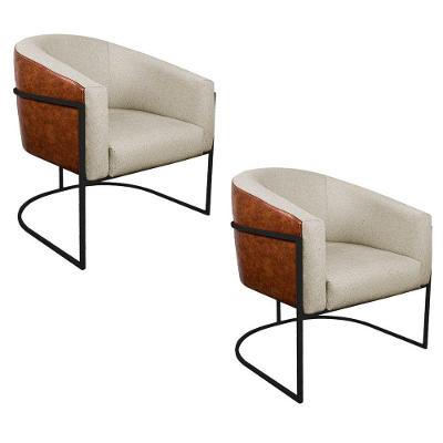 Kit 02 Poltronas Luiza Base De Ferro Preto Corano Nozes E Linho Cor Bege