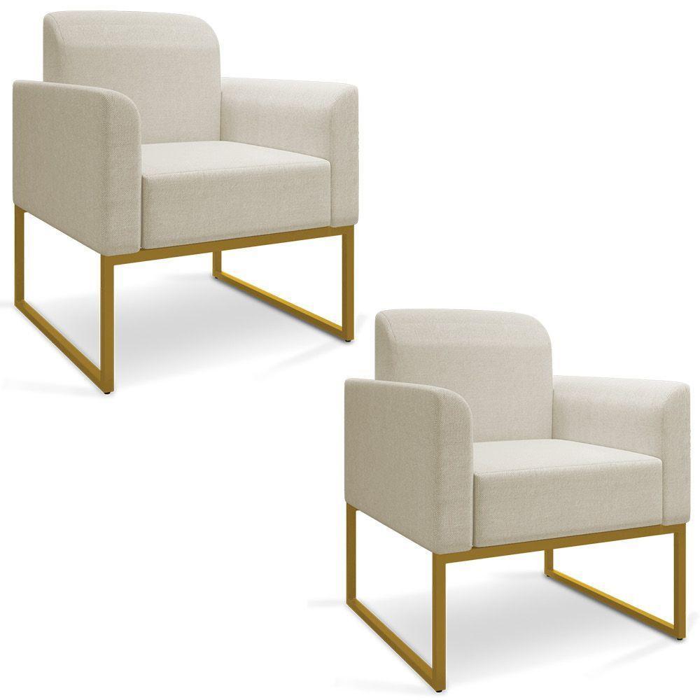 Kit 02 Poltronas Marisa Linho Base Industrial Metálica Dourado Cor A19 Grosso Bege - 1