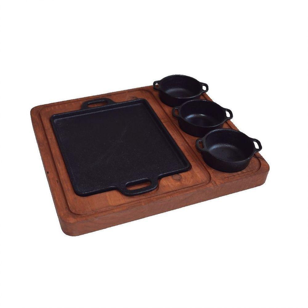 Bifeteira Quadrada Com Suporte De Madeira 20Cm E 3 Molheiras. - 1