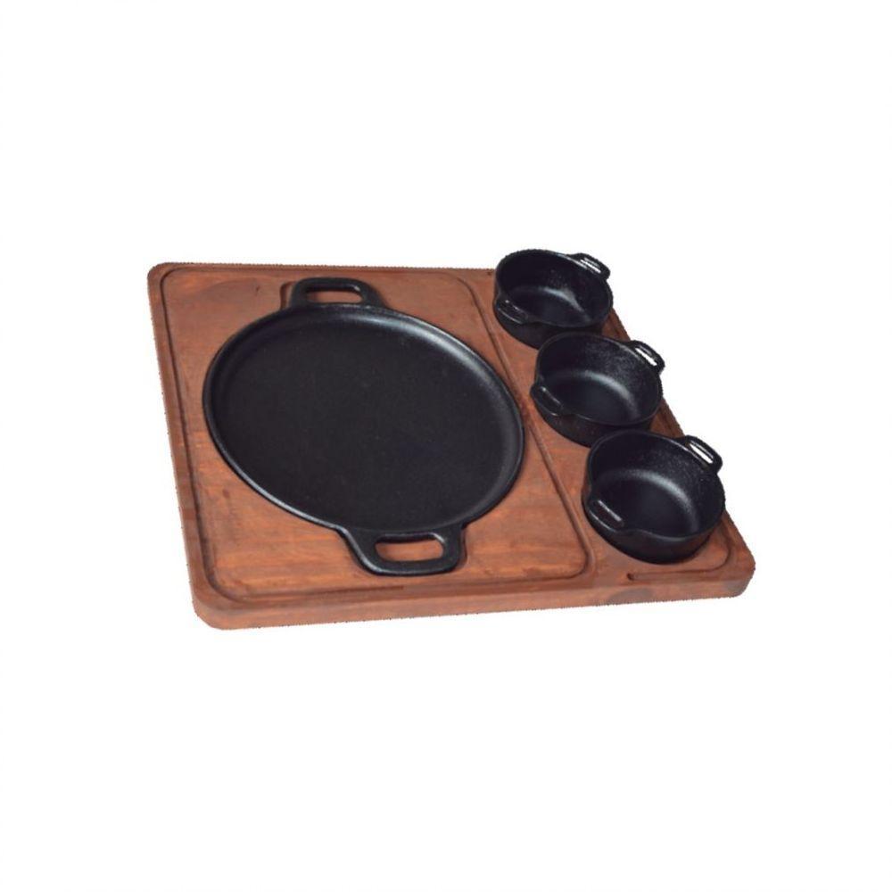Bifeteira Redonda Com Suporte De Madeira 20Cm E 3 Molheiras - 1