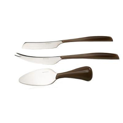 Kit 3 Peças Queijo Faca Espátula Petisco Marrom Luxo Bugatti