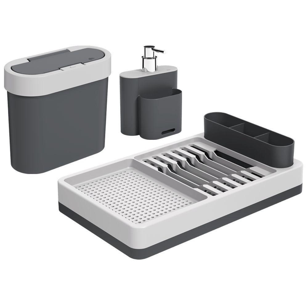 Kit Pia 3 Peças Com Dispenser Escorredor Lixeira Polipropileno Linha Flat Coza Cinza Frio + Cinza Gr - 1