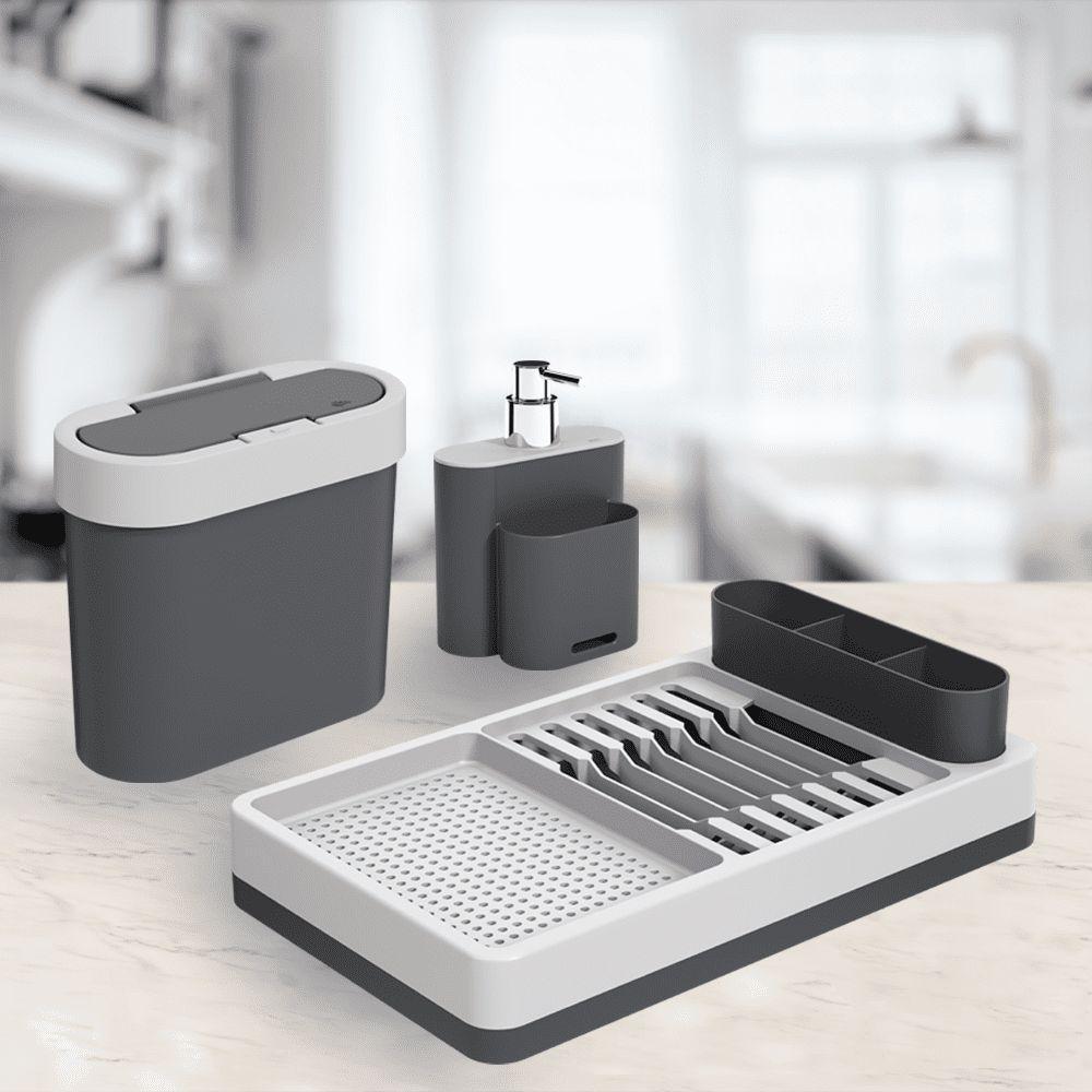 Kit Pia 3 Peças Com Dispenser Escorredor Lixeira Polipropileno Linha Flat Coza Cinza Frio + Cinza Gr - 2