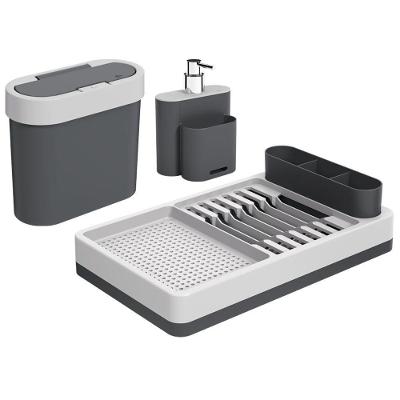 Kit Pia 3 Peças Com Dispenser Escorredor Lixeira Polipropileno Linha Flat Coza Cinza Frio + Cinza Gr