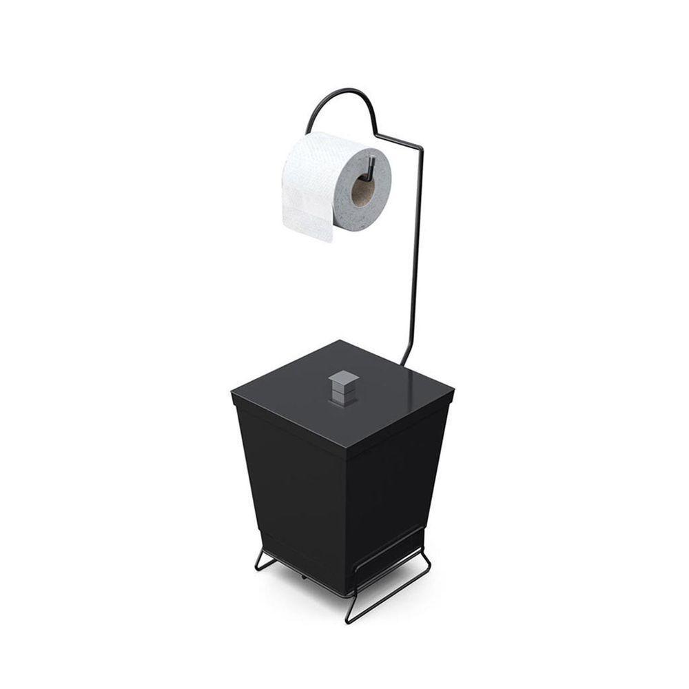 Lixeira Com Suporte De Papel Higiênico Em Aço Preto - Stolf Preto - 1