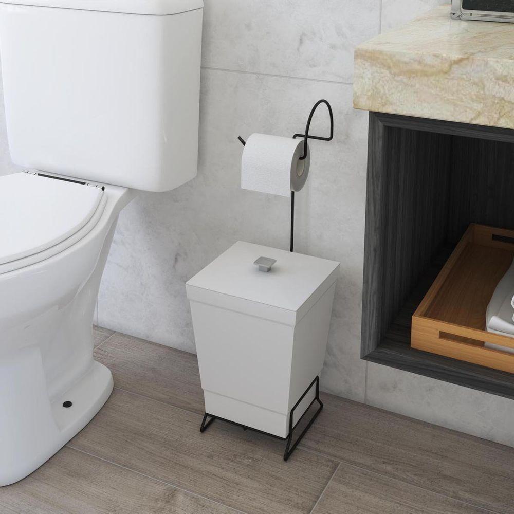 Lixeira Com Suporte De Papel Higiênico Em Aço Preto - Stolf Branco - 3