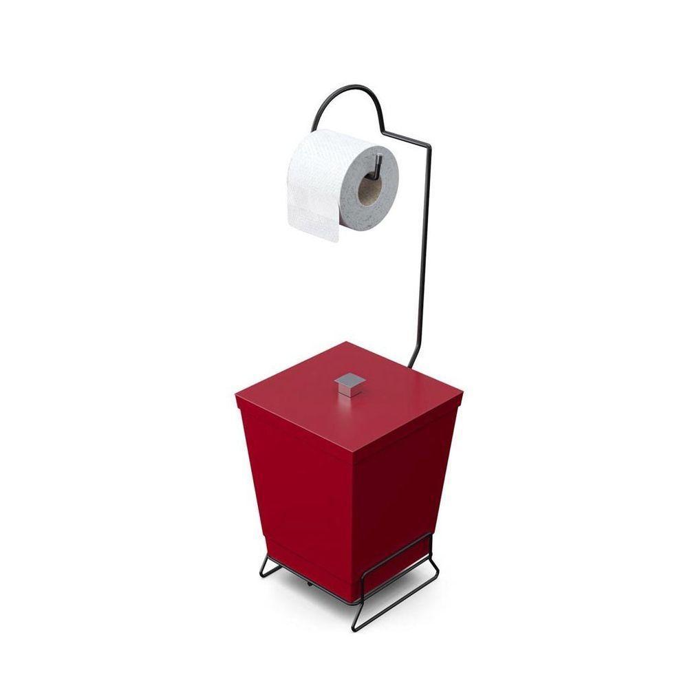 Lixeira Com Suporte De Papel Higiênico Em Aço Preto - Stolf Vermelho - 1
