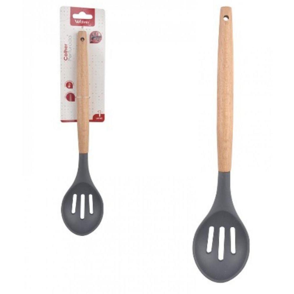 Colher Vazada De Silicone Grafite Cabo Madeira 32cm Well - 1