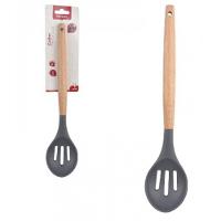 Colher Vazada De Silicone Grafite Cabo Madeira 32cm Well - 2