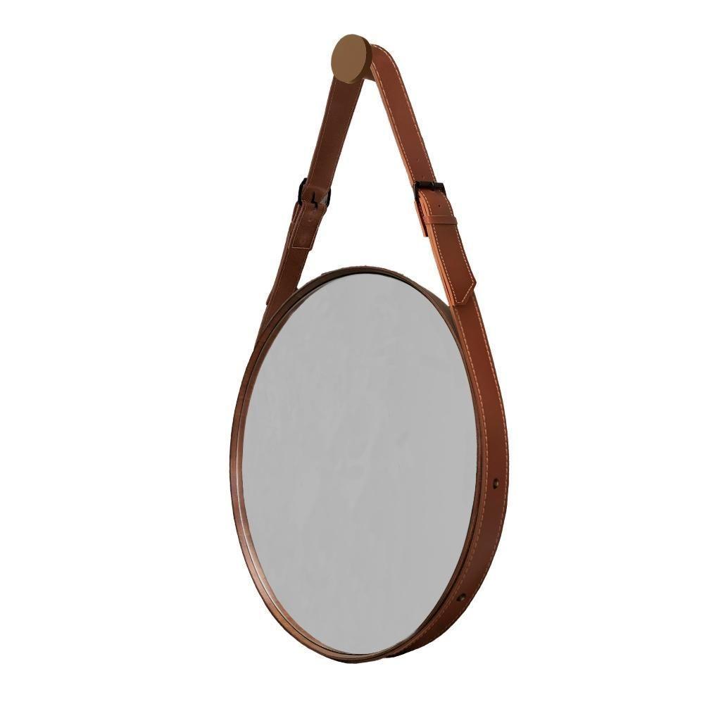 Espelho Decorativo Redondo com Moldura em Couro 55 Cm Marrom - 1