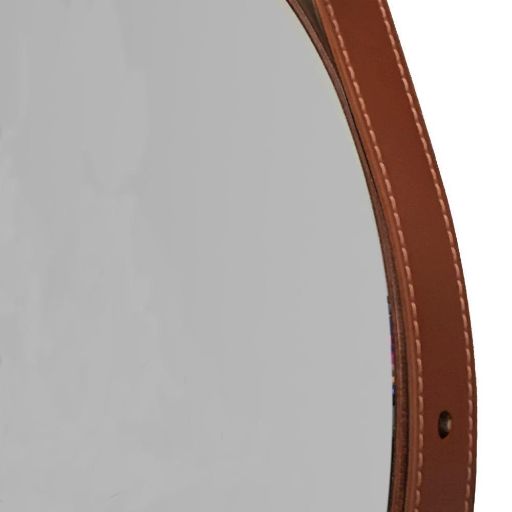 Espelho Decorativo Redondo com Moldura em Couro 55 Cm Marrom - 4