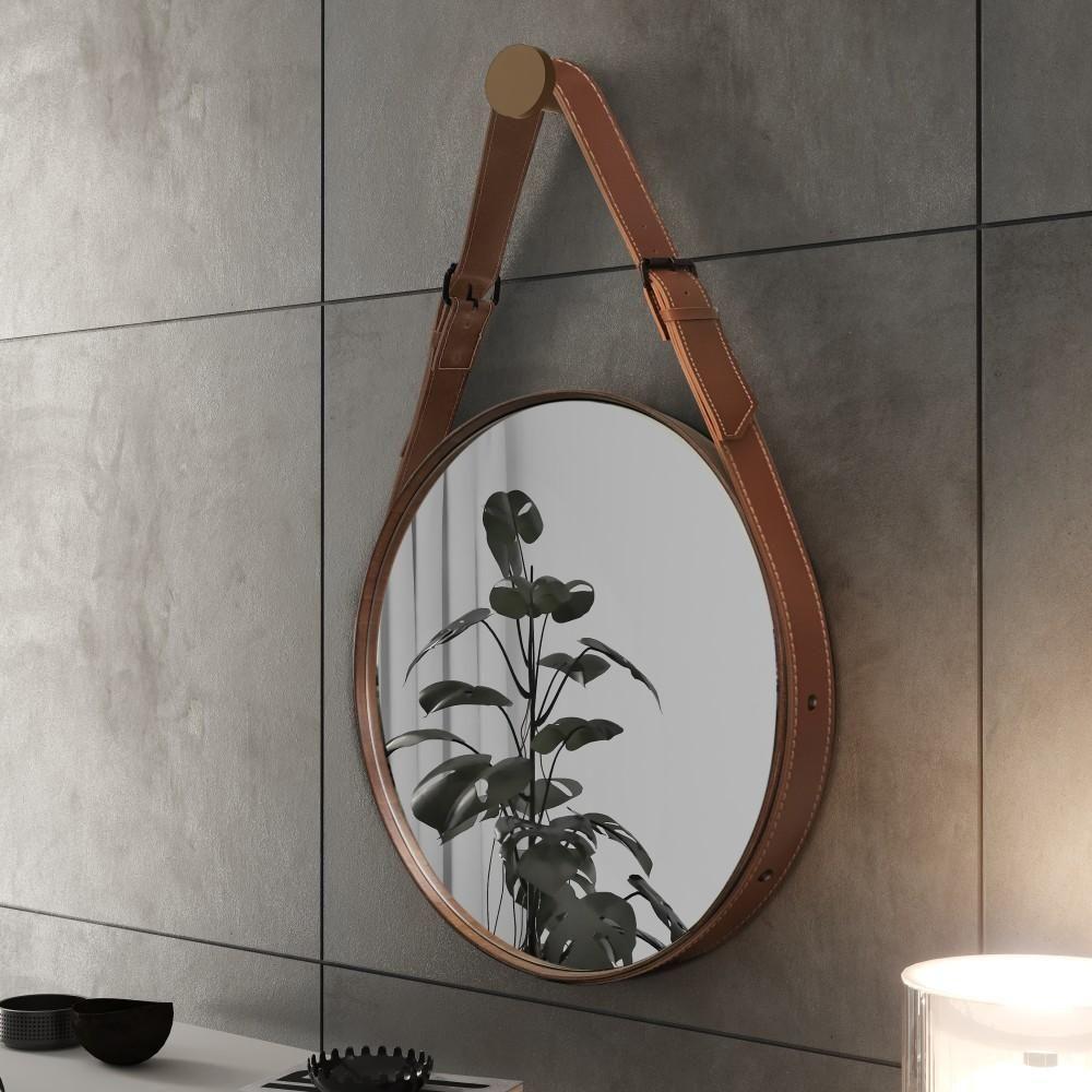 Espelho Decorativo Redondo com Moldura em Couro 55 Cm Marrom - 5