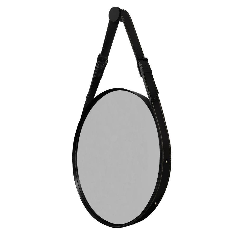 Espelho Decorativo Redondo com Moldura em Couro 55 Cm Preto - 1
