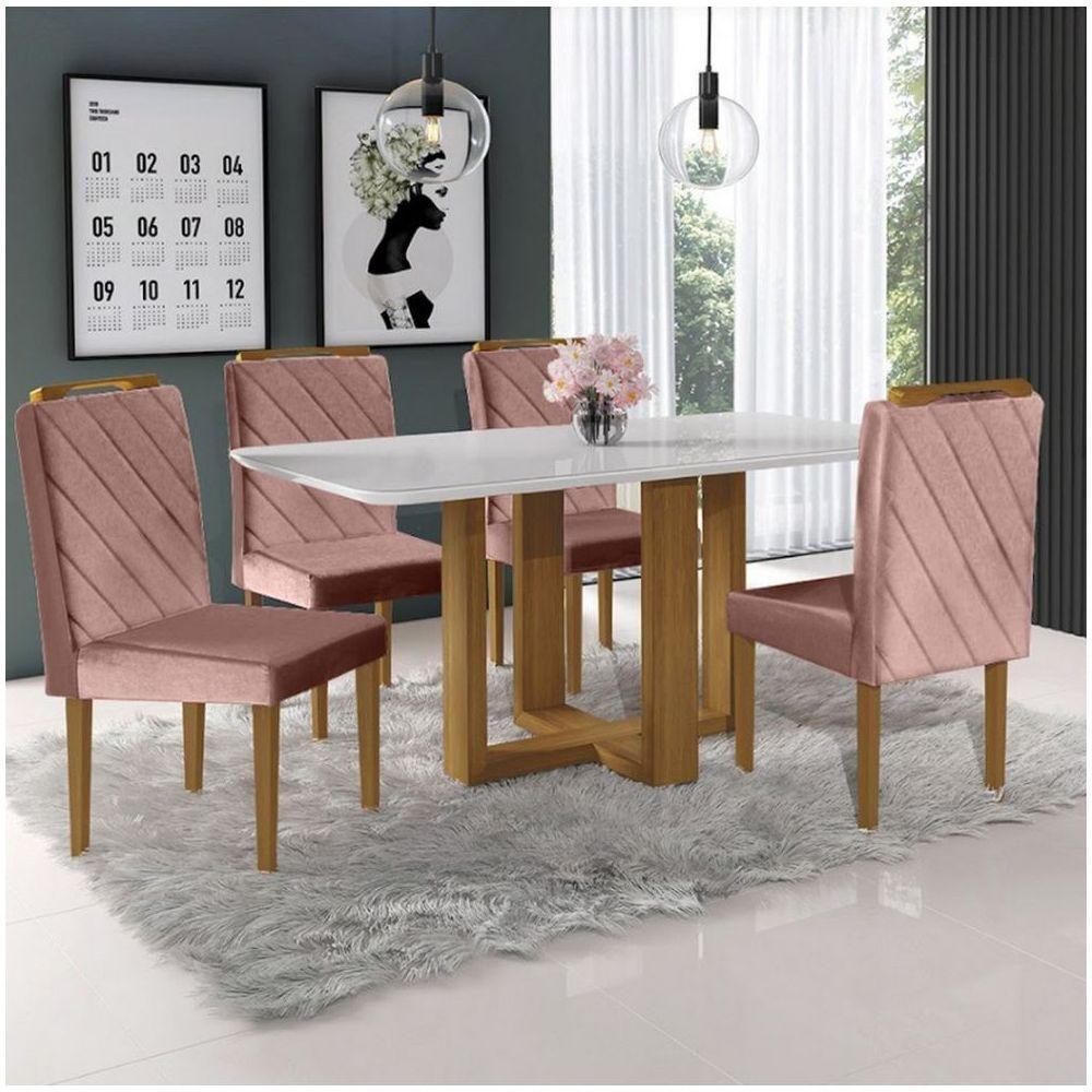 Conjunto Sala De Jantar 4 Lugares Mesa E Cadeiras Lisy Veludo Móveis Mundial Mel Off White - 1