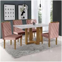 Conjunto Sala De Jantar 4 Lugares Mesa E Cadeiras Lisy Veludo Móveis Mundial Mel Off White - 1