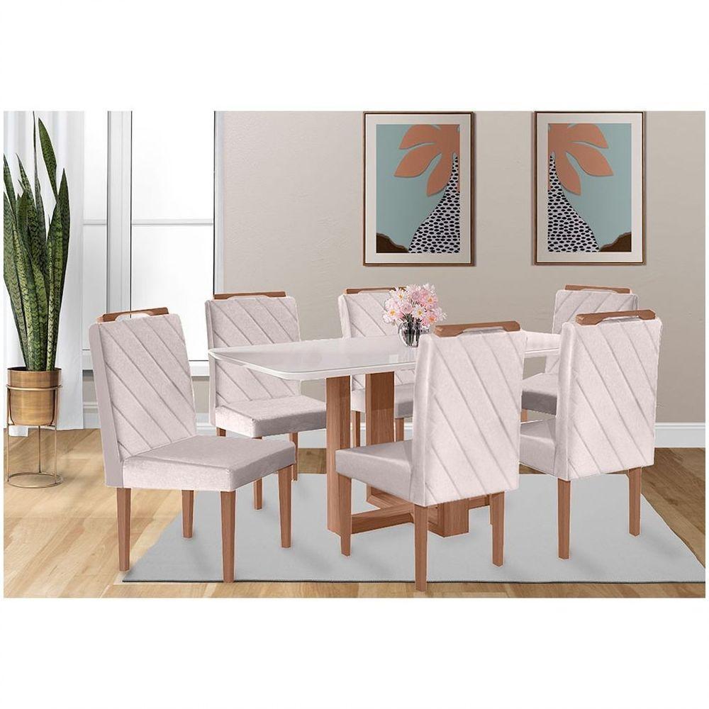 Conjunto Sala De Jantar 6 Lugares Mesa Lisy E 6 Cadeiras Em Linho Rústico Móveis Mix Mel/ Off White - 1