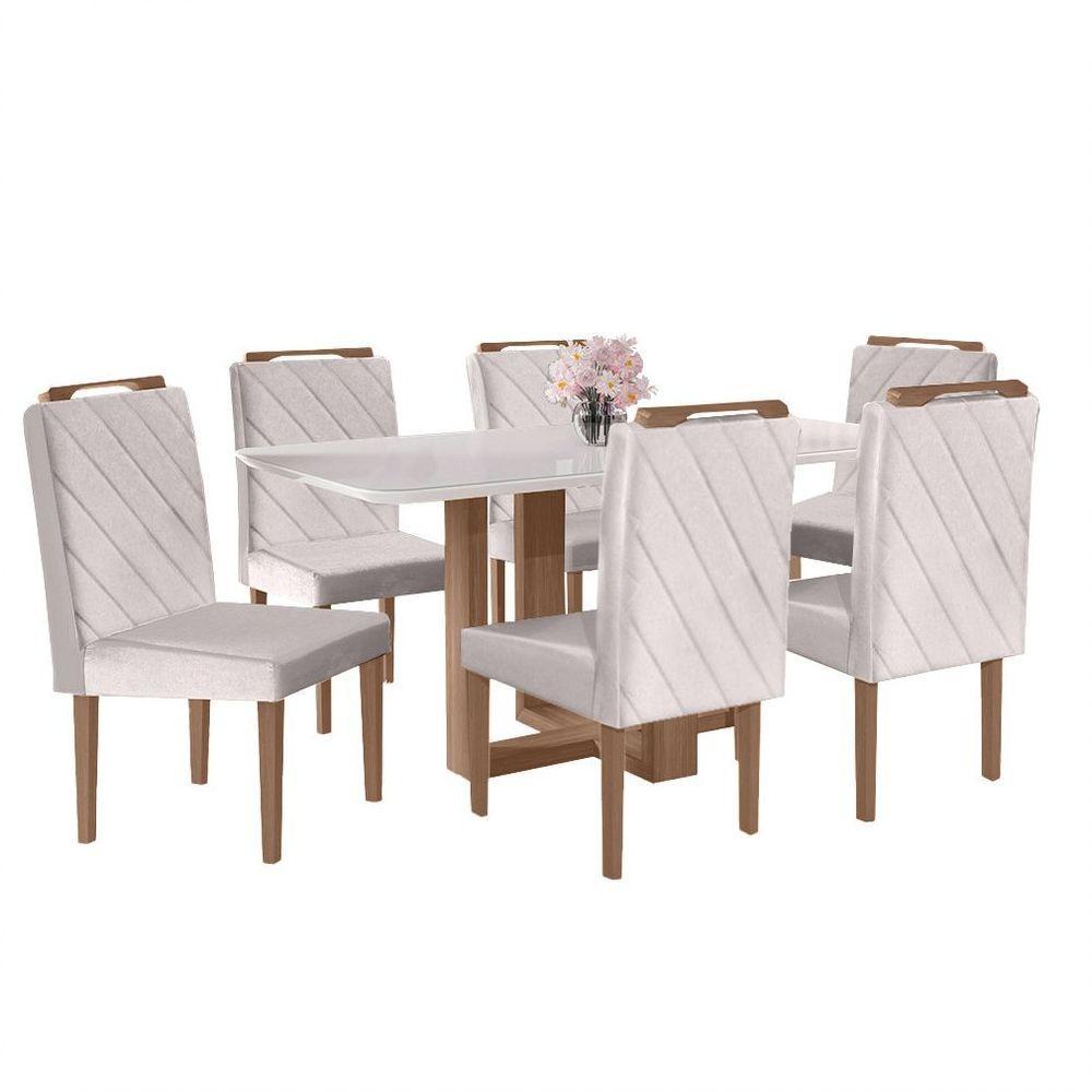 Conjunto Sala De Jantar 6 Lugares Mesa Lisy E 6 Cadeiras Em Linho Rústico Móveis Mix Mel/ Off White - 7