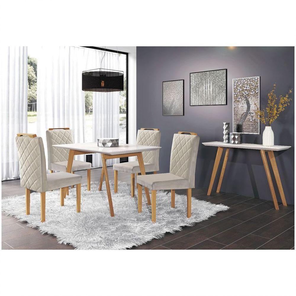Conjunto Sala De Jantar Mônaco Mesa Pé Palito E 4 Cadeiras Móveis Mix Off White E Areia - 7