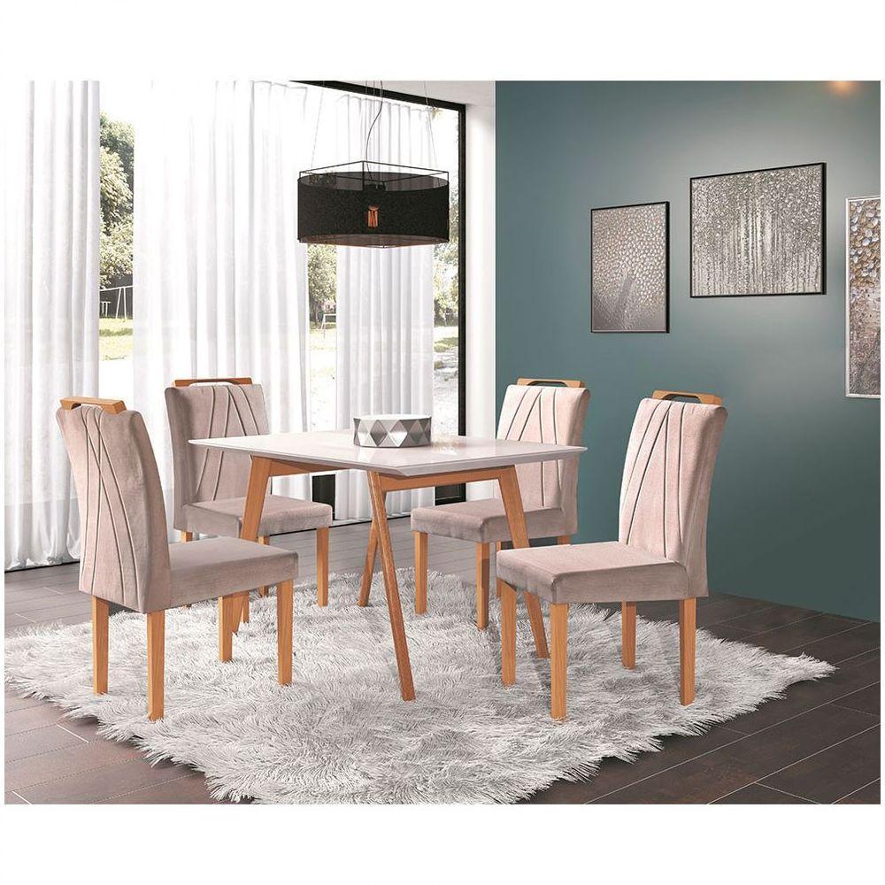 Conjunto Sala De Jantar Mesa Slim Pé Palito E 4 Cadeiras Veludo Safira Móveis Mundial Off White - 1