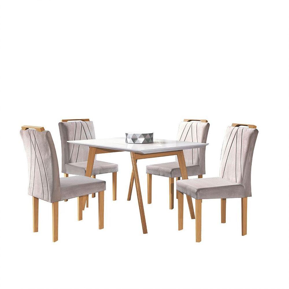 Conjunto Sala De Jantar Mesa Slim Pé Palito E 4 Cadeiras Veludo Safira Móveis Mundial Off White - 6
