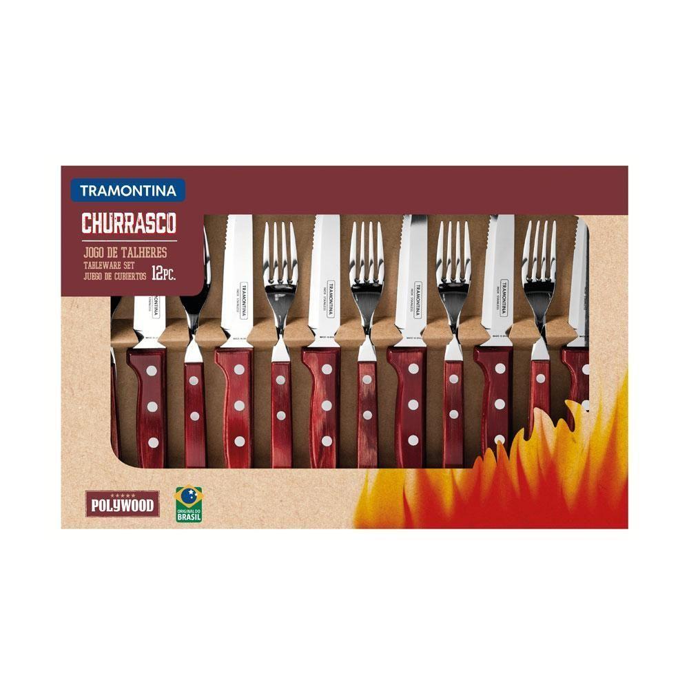 Jogo De Talheres Para Churrasco Aço Inox Com Cabo Vermelho Polywood 12 Peças - Tramontina 21198776 - 3