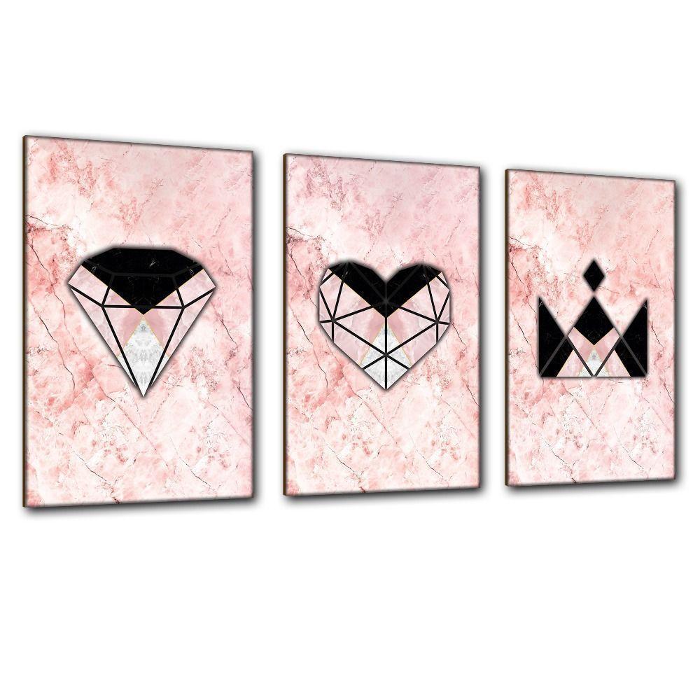 Kit Placas Quadros Decorativos 3 Pçs Mdf 20x30 Rosa Formas - 1