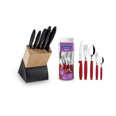 Kit Faqueiro Plenus 6 Peças com Suporte e Ipanema 30 Peças Aço Inox Vermelho Tramontina