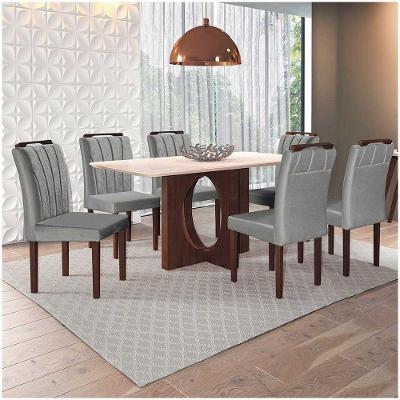 Conjunto Sala De Jantar Mesa E 6 Cadeiras Veludo Diamante - Móveis Mix Offwhite Carvalho E Cinza