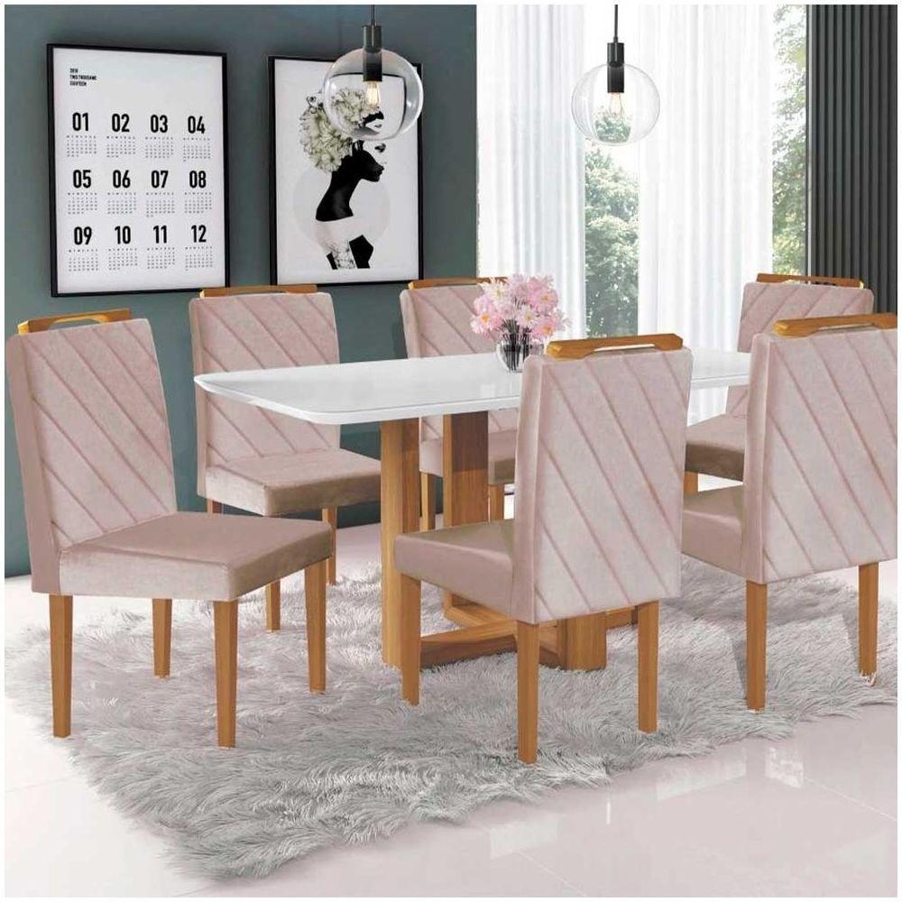 Conjunto Sala De Jantar Mesa Lisy 6 Cadeiras Em Veludo Móveis Mundial Mel Off White E Nude - 1