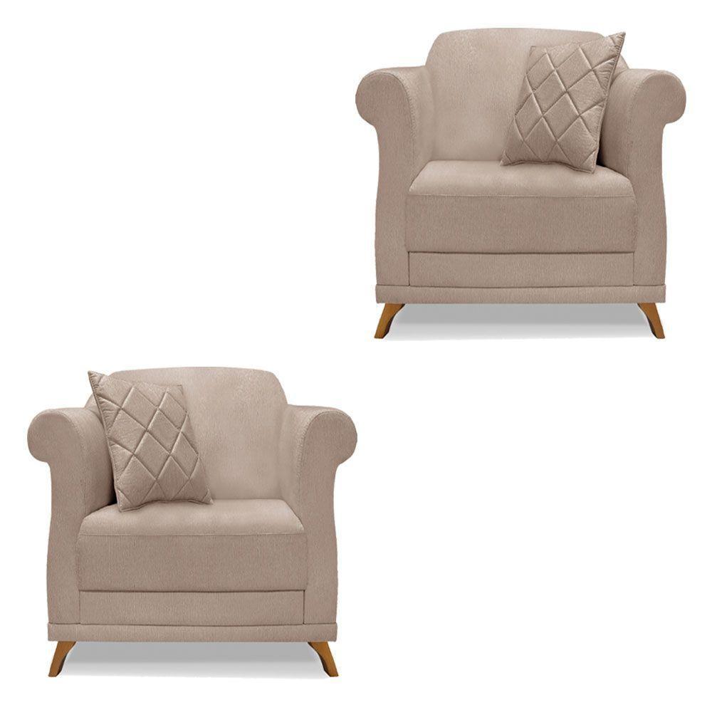 Kit 2 Poltronas Para Sala De Estar Linho Areia Pés Castanho - 1