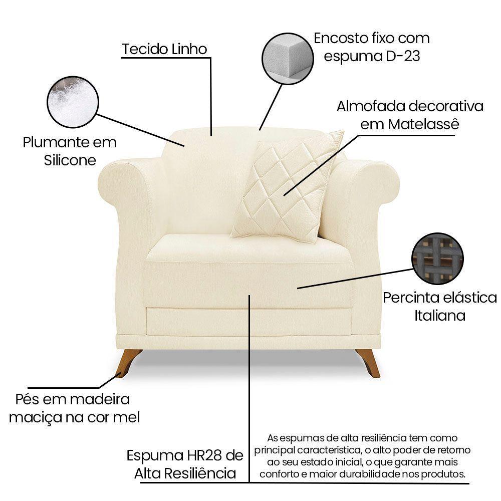 Kit 2 Poltronas Sala De Estar Linho Pés CastanhoCor Bege - 3