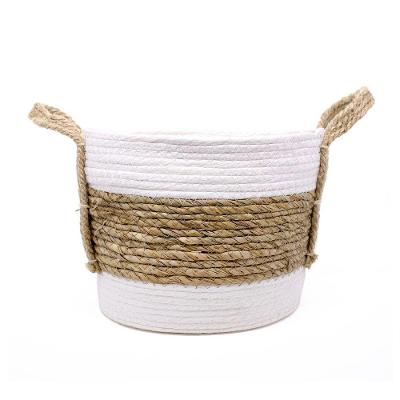 Cesta De Fibra Natural Seagrass Listrado Branco 19x26x26 Cm