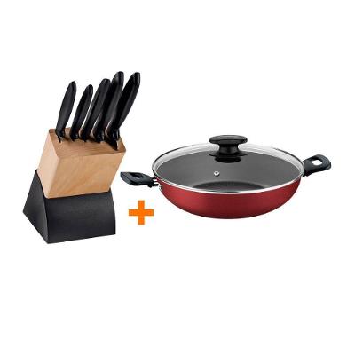 Kit Faqueiro Plenus com Panela Wok Loreto 28cm 7 Peças Inox e Polipropileno Vermelho Tramontina