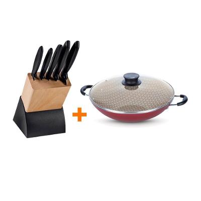 Kit Faqueiro Plenus 6 Peças com Suporte e Panela Wok Paris 36cm Inox Polipropileno Madeira Alumínio