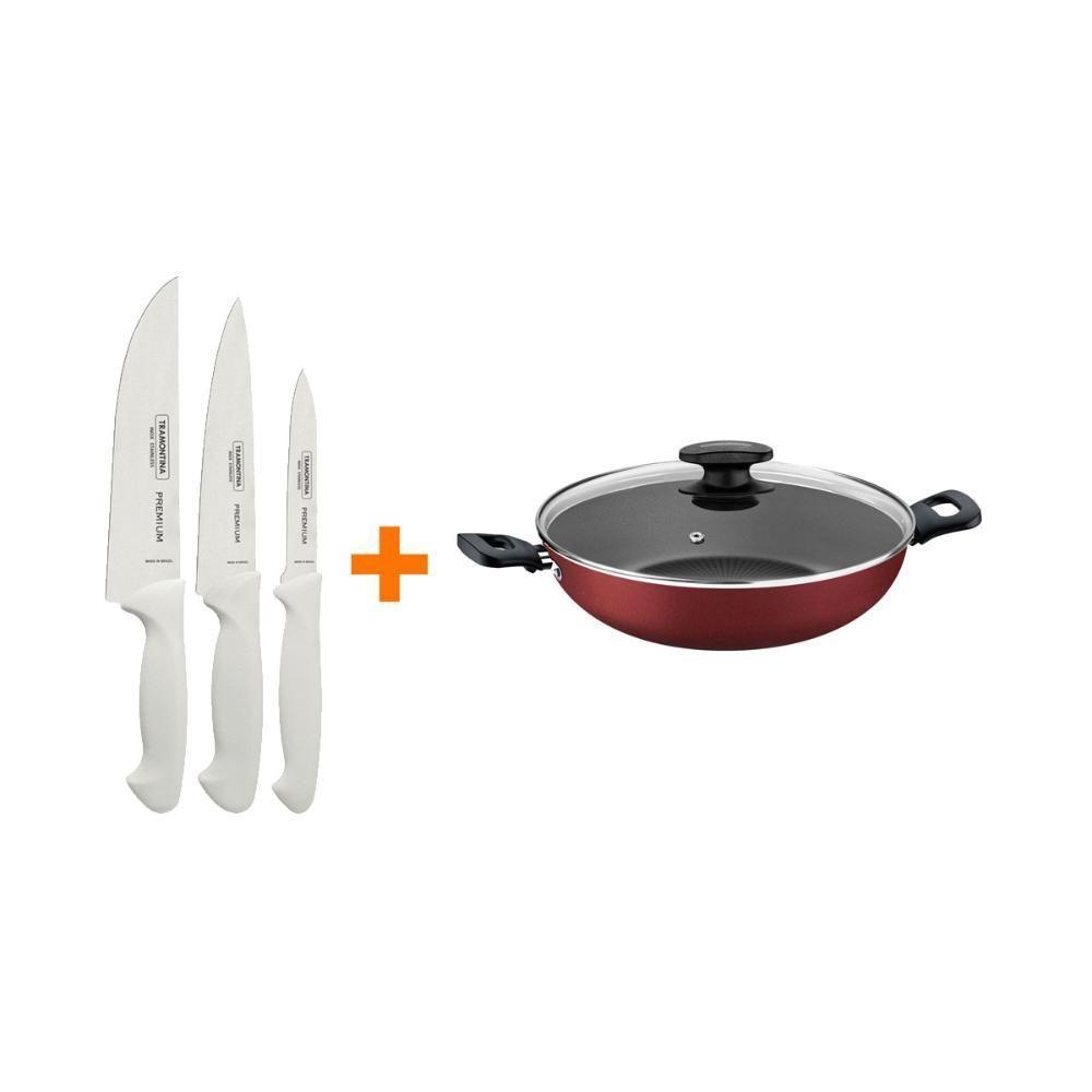 Kit - Faqueiro Premium 3 Peças + 1 Panela Wok 28cm Vermelha - Tramontina - 1