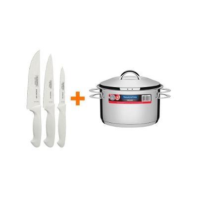 Kit Faqueiro Premium 3 Peças com Panela Inox Solar 6,1L Cabo Branco Tramontina