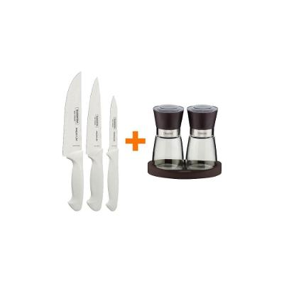 Kit Faqueiro Premium 3 Peças com Moedor de Sal e Pimenta Aço Inox Branco Tramontina