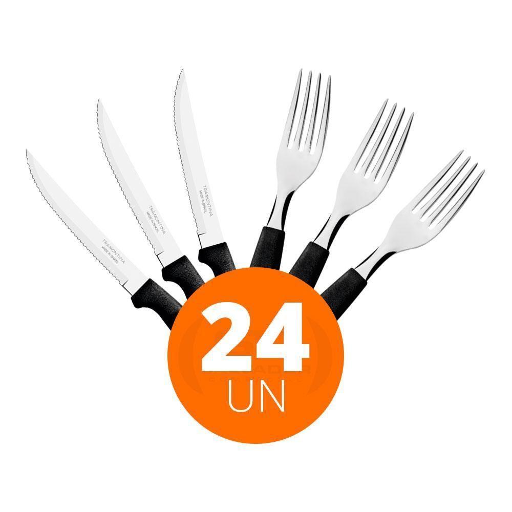 Kit - Jogo De Faca E Garfo Ipanema 24 Peças Em Aço Inox Cabo Preto Ptop - Tramontina - 2
