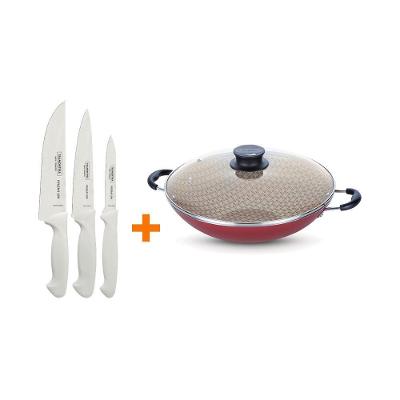 Kit Faqueiro Premium 3 Peças e Panela Wok 36cm Aço Inox e Alumínio Vermelho Tramontina