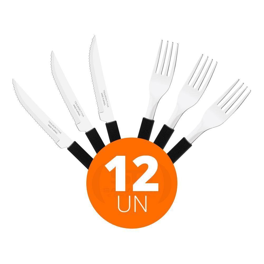 Kit - Jogo De Facas E Garfo Leme 12 Peças Em Aço Inox Cabo Preto Pbag - Tramontina - 2
